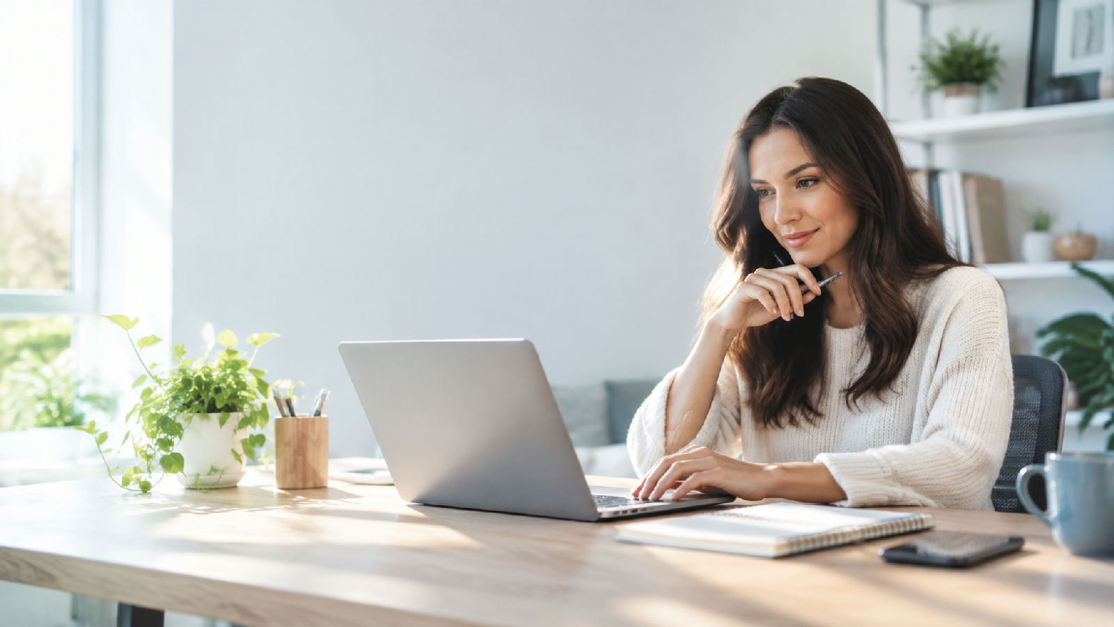A business owner preparing a workflow at a tidy desk in natural daylight.