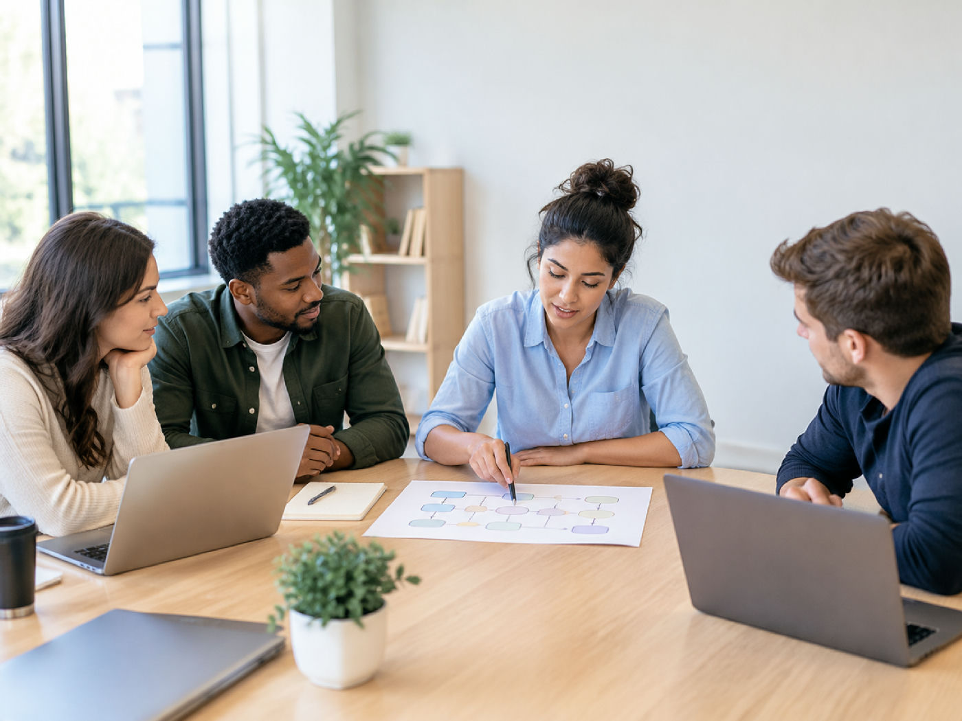 A small sales team reviewing the steps in a lead follow-up process around an office table.
