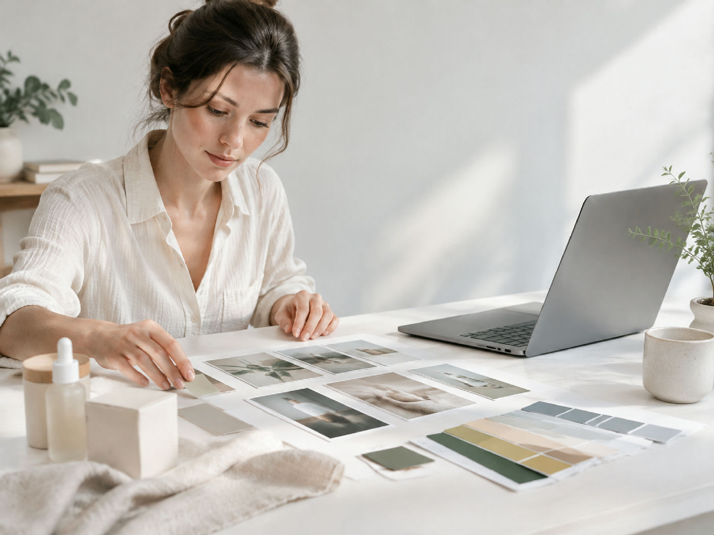 A business operator arranging product samples and color swatches while planning advertising concepts.